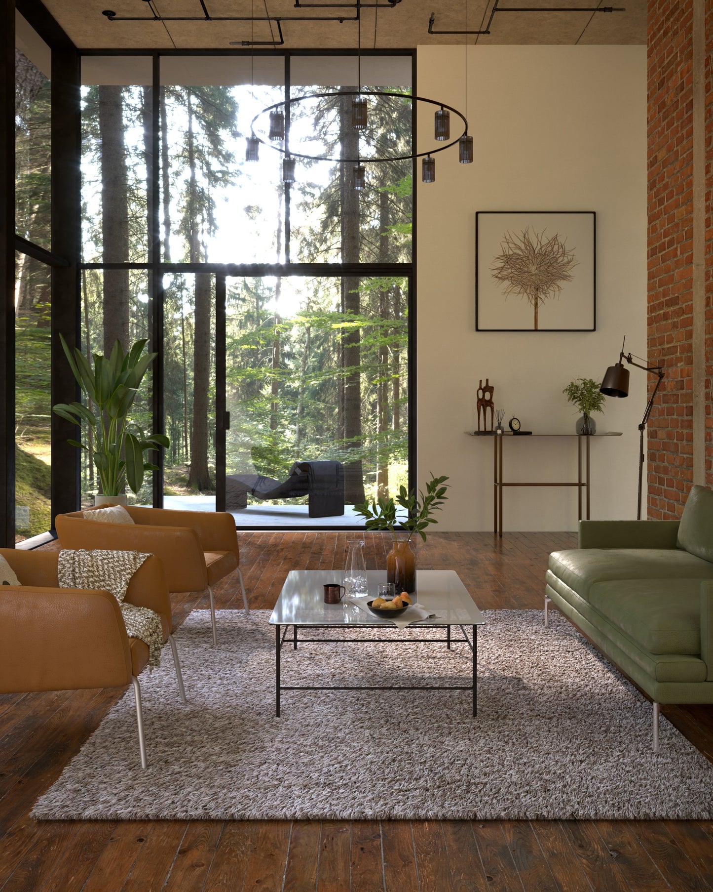 Sunlit modern living room with floor-to-ceiling glass, tan leather chairs, green sofa, gray shag rug, glass coffee table.