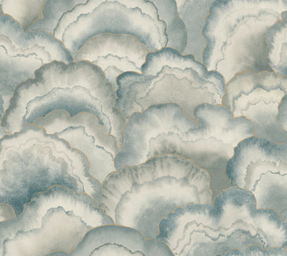 York Wallcoverings Natural Discovery Abalone Mist Fans Wallpaper Transitional Bohemian Blues   - NT6184