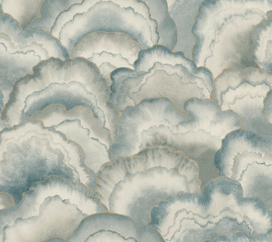 York Wallcoverings Natural Discovery Abalone Mist Fans Wallpaper Transitional Bohemian Blues   - NT6184