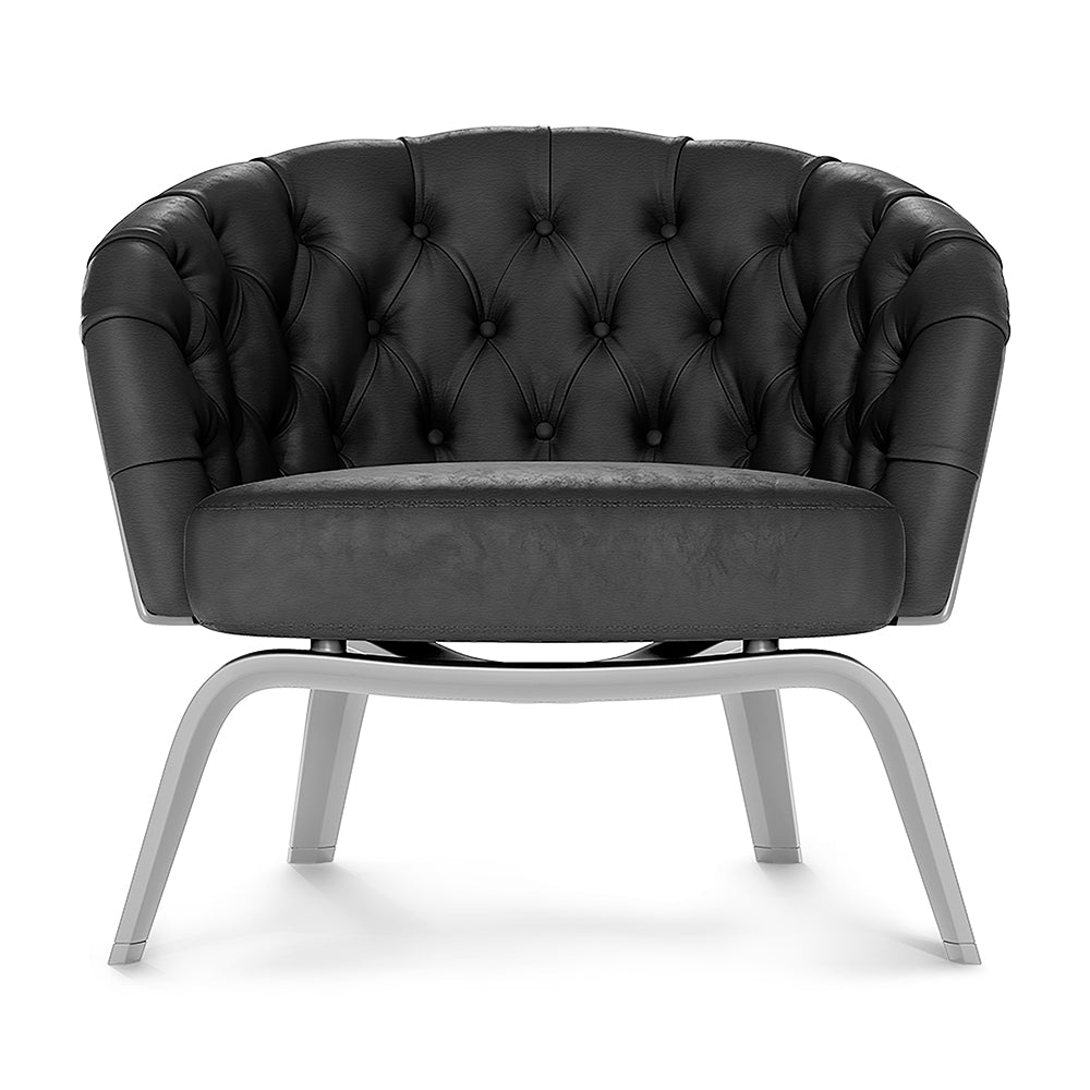 Gray solid fabric lounge chair with button-tufted back, rounded arms, cushioned seat and silver metal splayed legs.