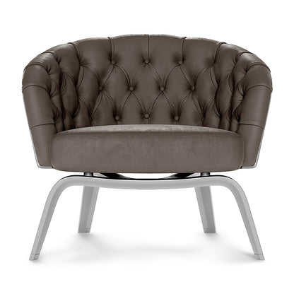 Brown solid fabric accent chair with rounded back and curved silver metal legs.