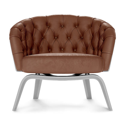 Brown fabric barrel chair with curved back, button-tufted upholstery, and light gray metal sled legs.