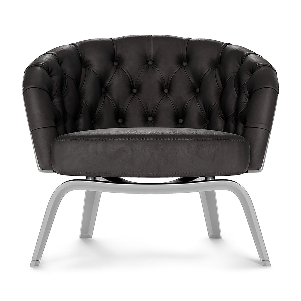 Brown fabric button-tufted lounge chair with light gray metal sled legs; modern club-style seating.