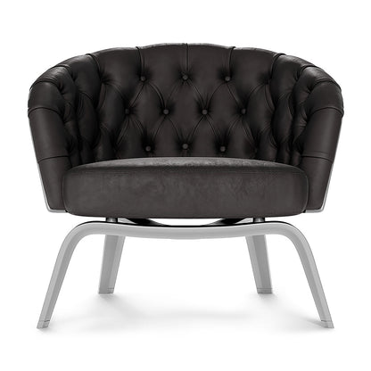 Brown fabric button-tufted lounge chair with light gray metal sled legs; modern club-style seating.