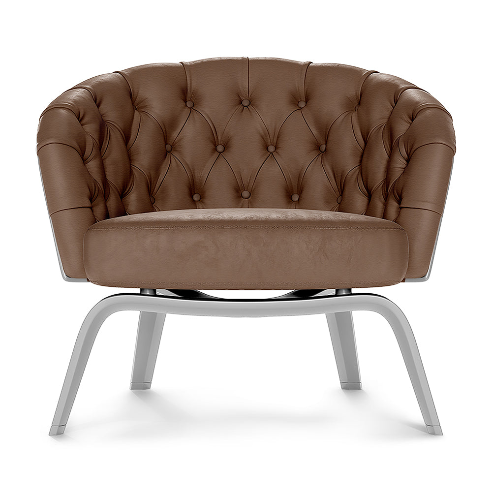 Brown fabric barrel chair with button back, thick cushion, and grey curved metal legs