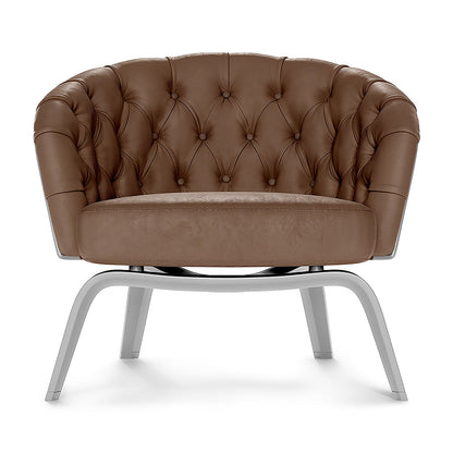 Brown fabric barrel chair with button back, thick cushion, and grey curved metal legs