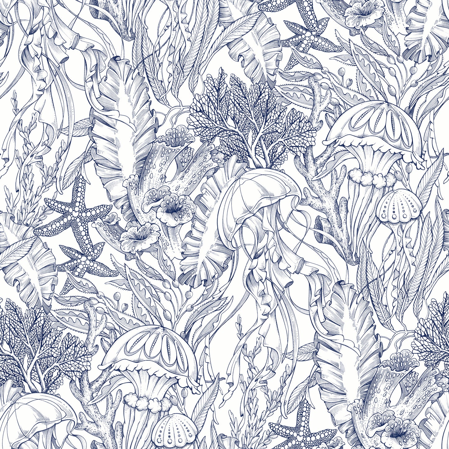 York Wallcoverings NuWallpaper Under the Sea Navy Blue Peel and Stick Wallpaper Botanical Nautical Navy Blue  Current Peel & Stick - NUS6494