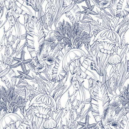 York Wallcoverings NuWallpaper Under the Sea Navy Blue Peel and Stick Wallpaper Botanical Nautical Navy Blue  Current Peel & Stick - NUS6494