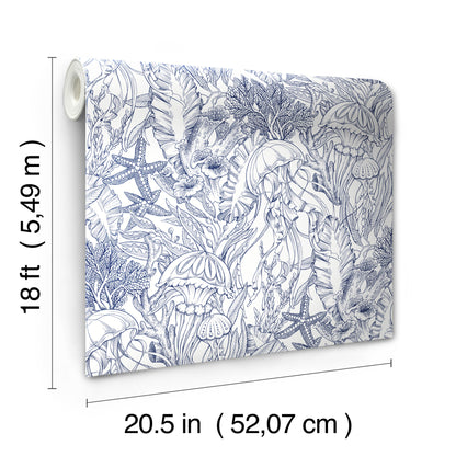 York Wallcoverings NuWallpaper Under the Sea Navy Blue Peel and Stick Wallpaper Botanical Nautical Navy Blue  Current Peel & Stick - NUS6494