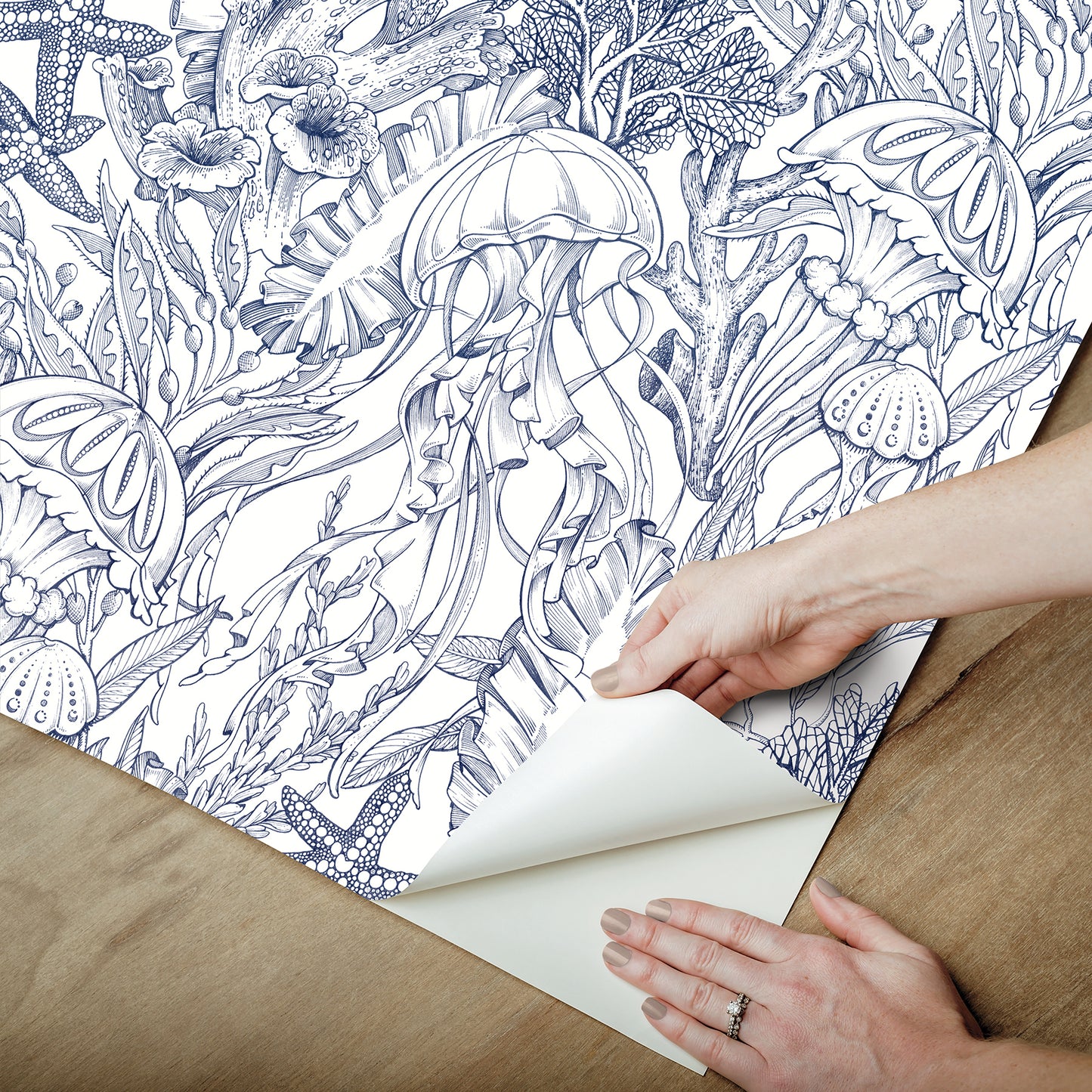 York Wallcoverings NuWallpaper Under the Sea Navy Blue Peel and Stick Wallpaper Botanical Nautical Navy Blue  Current Peel & Stick - NUS6494