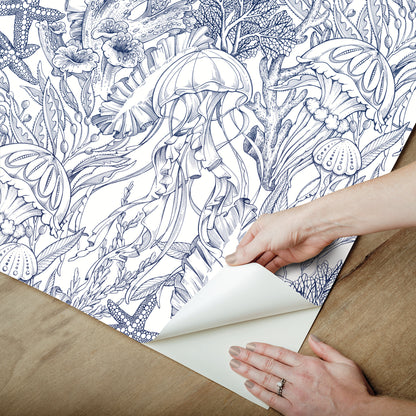 York Wallcoverings NuWallpaper Under the Sea Navy Blue Peel and Stick Wallpaper Botanical Nautical Navy Blue  Current Peel & Stick - NUS6494