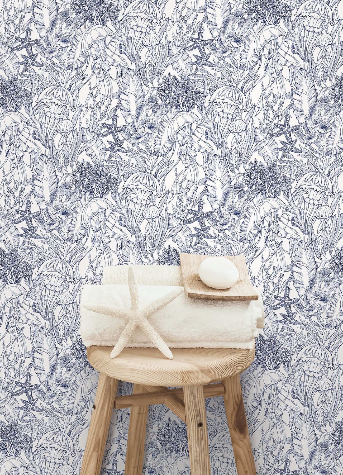 York Wallcoverings NuWallpaper Under the Sea Navy Blue Peel and Stick Wallpaper Botanical Nautical Navy Blue  Current Peel & Stick - NUS6494