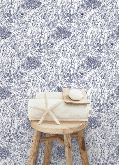 York Wallcoverings NuWallpaper Under the Sea Navy Blue Peel and Stick Wallpaper Botanical Nautical Navy Blue  Current Peel & Stick - NUS6494
