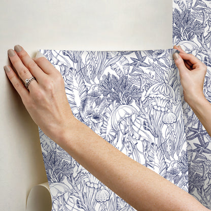 York Wallcoverings NuWallpaper Under the Sea Navy Blue Peel and Stick Wallpaper Botanical Nautical Navy Blue  Current Peel & Stick - NUS6494