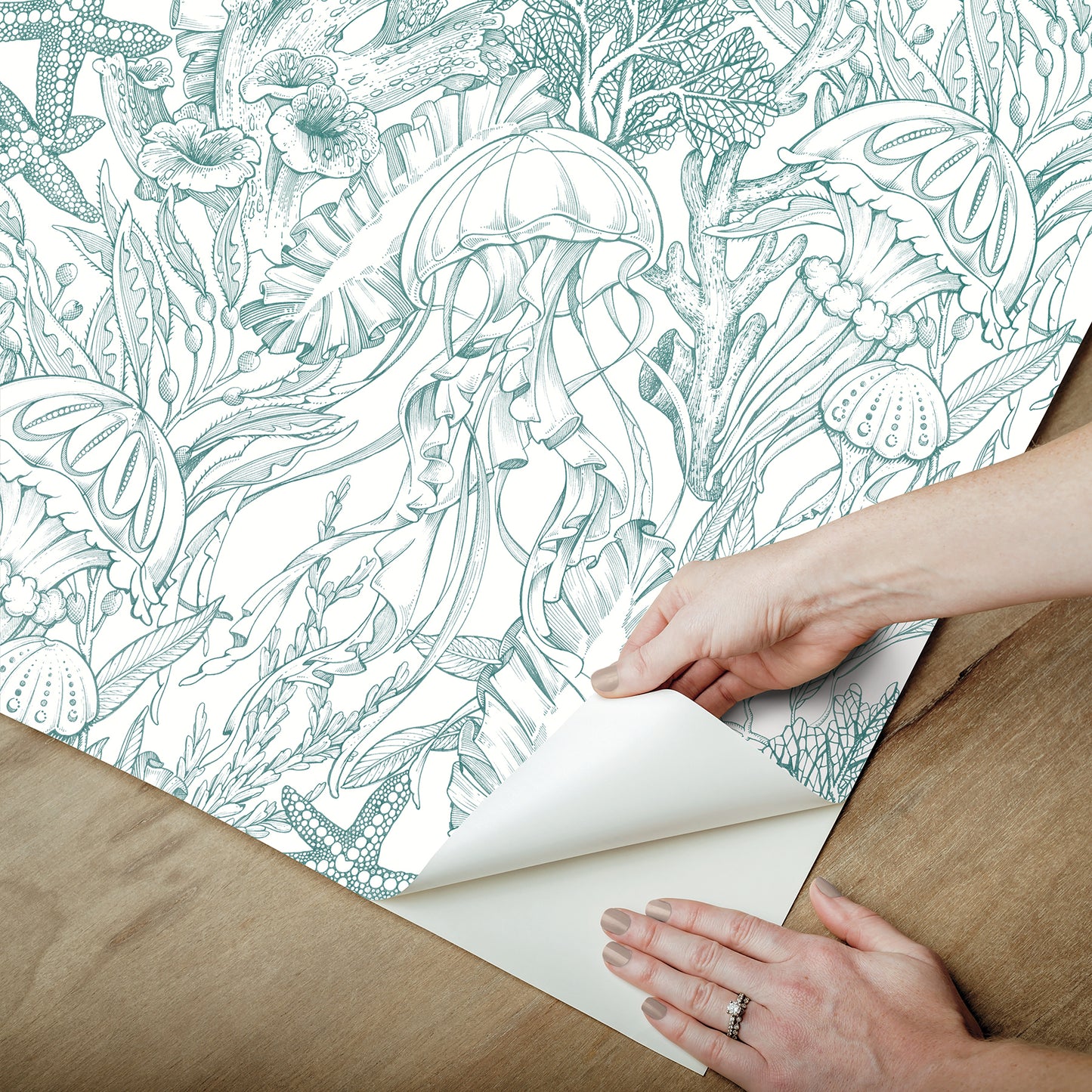 York Wallcoverings NuWallpaper Under the Sea Teal Peel and Stick Wallpaper Botanical Nautical Teal  Current Peel & Stick - NUS6495