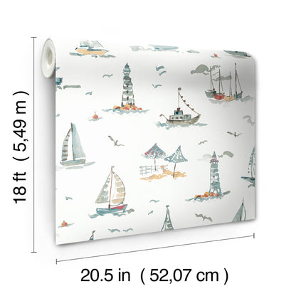 York Wallcoverings NuWallpaper Set Sail Blue Green Peel and Stick Wallpaper Ocean Nautical Blue Green  Current Peel & Stick - NUS6497