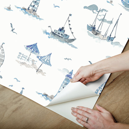 York Wallcoverings NuWallpaper Set Sail Blue Peel and Stick Wallpaper Ocean Nautical Blue  Current Peel & Stick - NUS6499