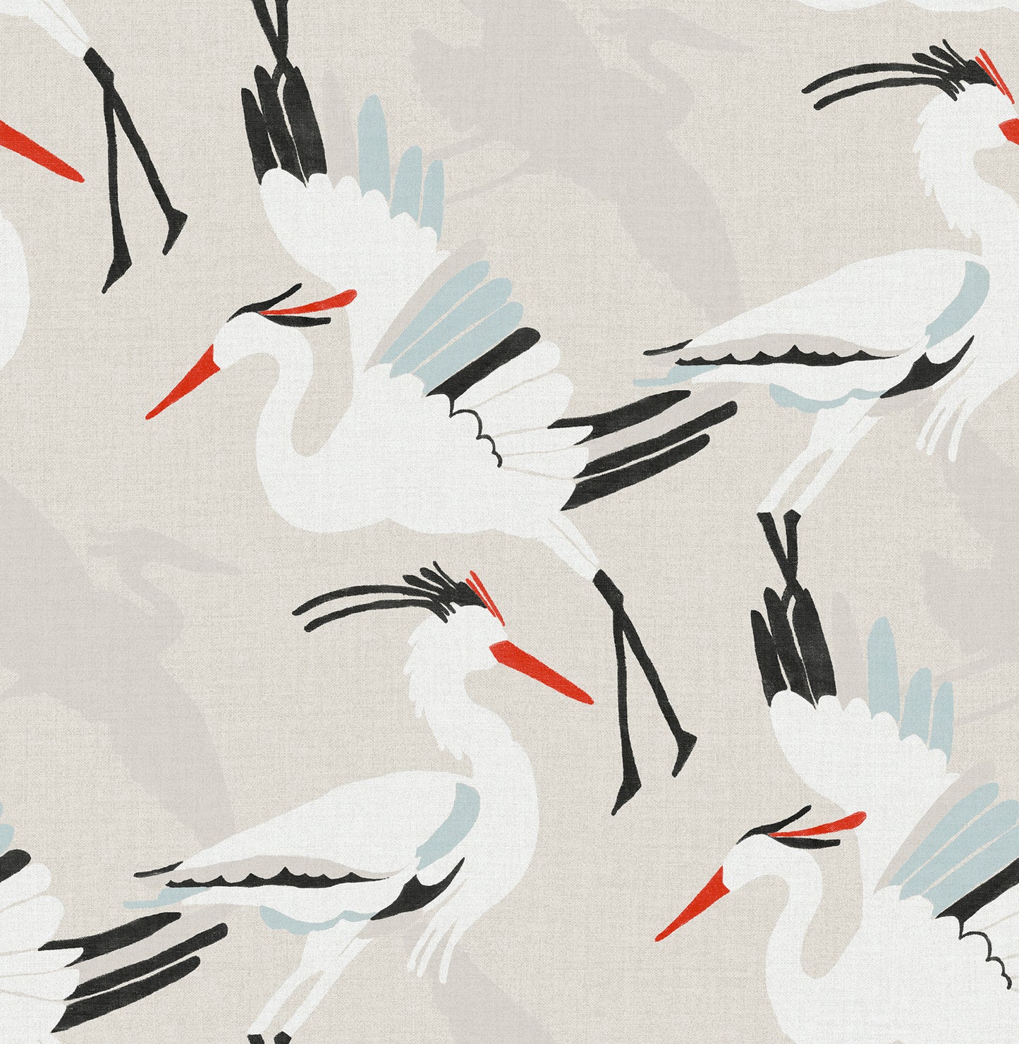 Beige wallpaper featuring repeating stylized white cranes with red beaks and pale blue wings.
