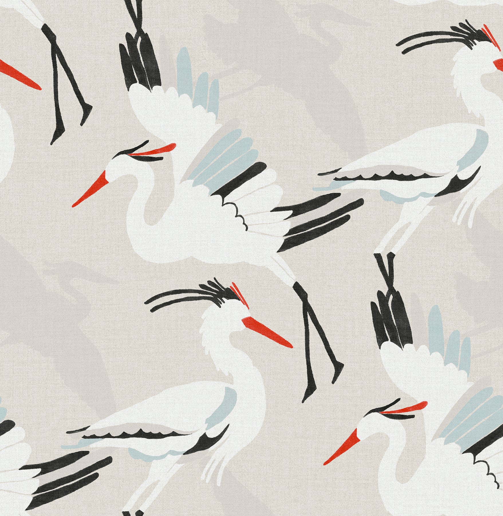 Beige wallpaper featuring repeating stylized white cranes with red beaks and pale blue wings.