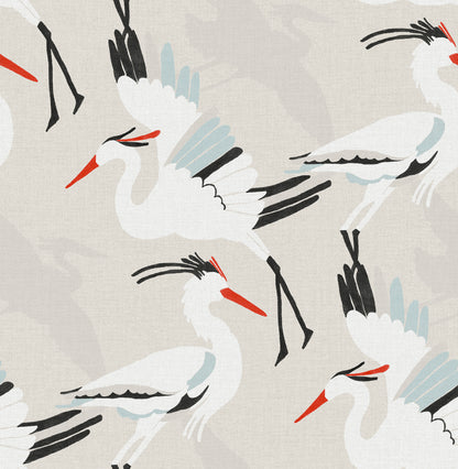 Beige wallpaper featuring repeating stylized white cranes with red beaks and pale blue wings.