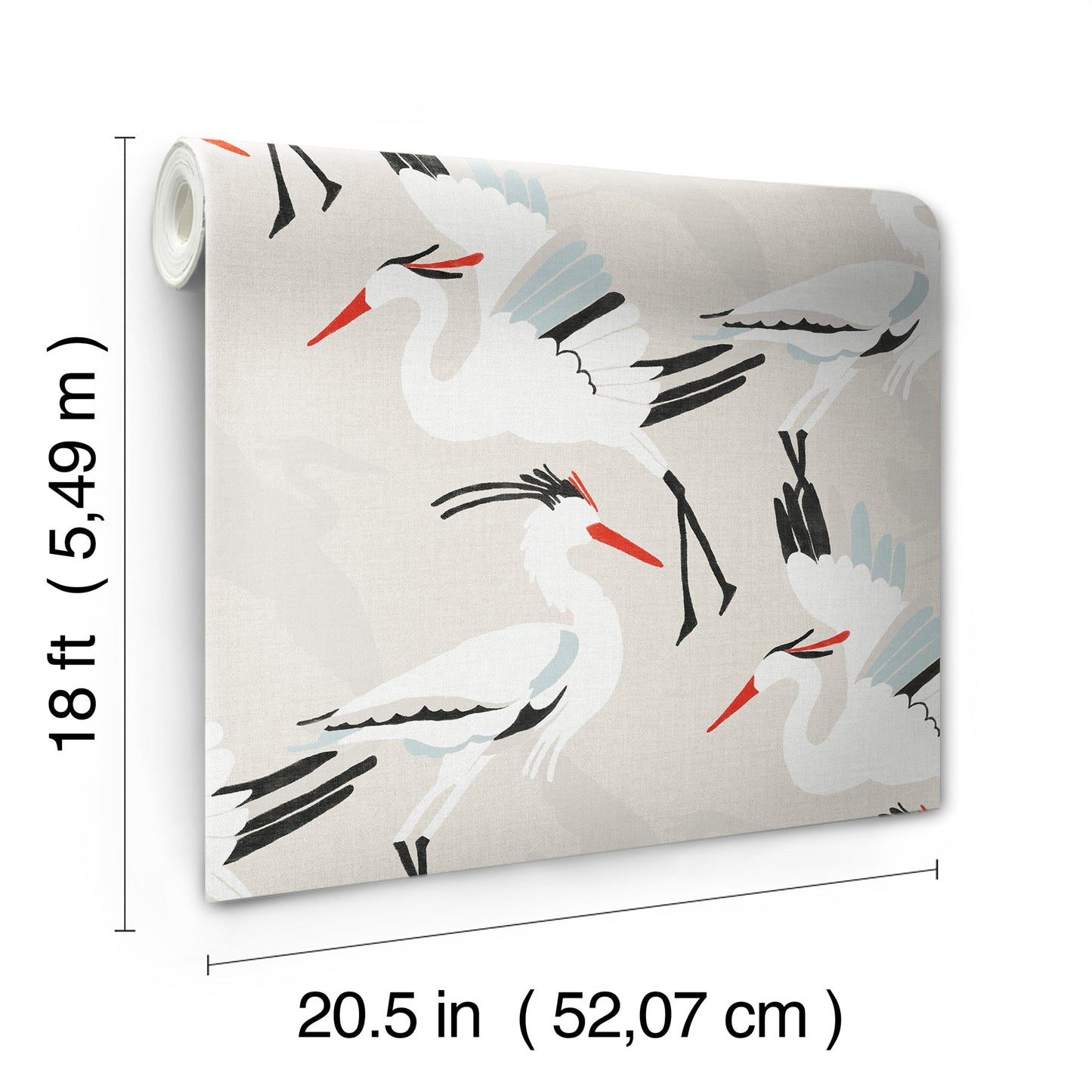 Roll of tan wallpaper featuring white cranes with red beaks on tan background with dark accents; 18 ft long, 20.5 in wide; peel & stick.