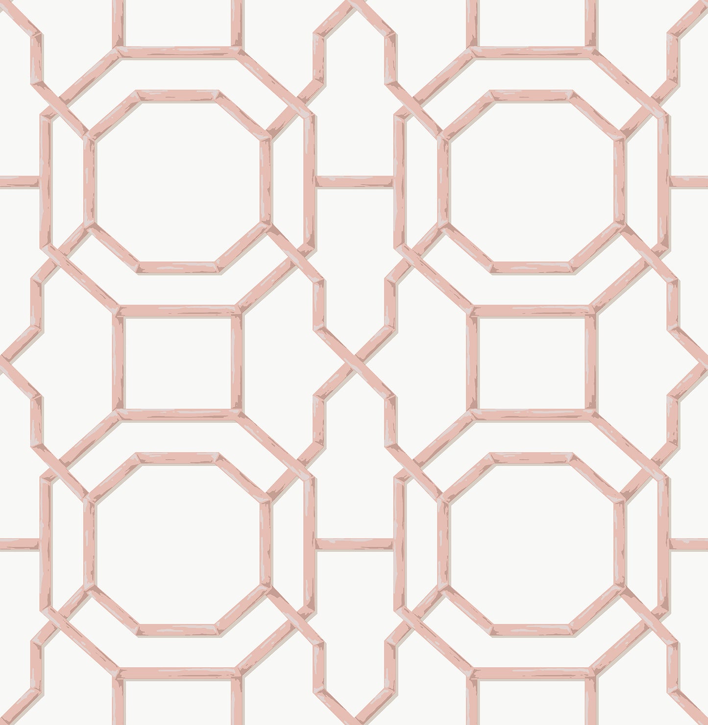 Geometric pink lattice wallpaper with octagons and squares on a cream background.