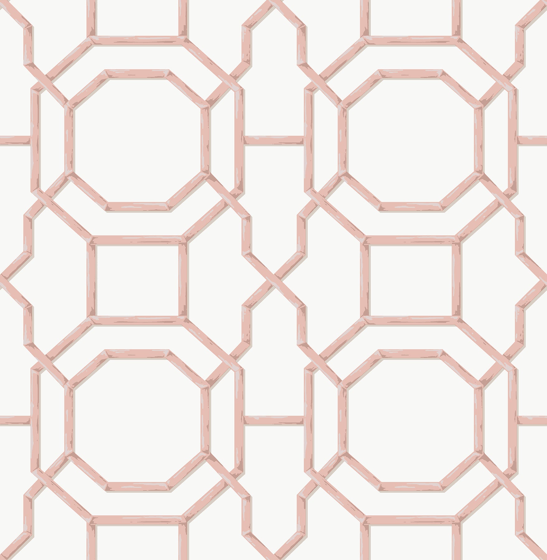 Geometric pink lattice wallpaper with octagons and squares on a cream background.