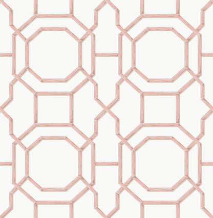 Geometric pink lattice wallpaper with octagons and squares on a cream background.