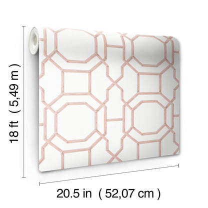 Roll of blush pink geometric octagon lattice wallpaper, 20.5 in wide & 18 ft long.
