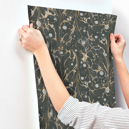 York Wallcoverings Shimmering Finishes Marbled Endpaper Black and Gold Wallpaper  Bohemian Blacks   - NV5591