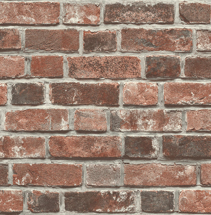 Realistic distressed red brick peel and stick wallpaper with industrial rustic design, removable adhesive wall covering for accent walls, loft-style interiors, modern farmhouse decor, renter-friendly wallpaper for living room, kitchen, bedroom, and DIY home improvement projects.