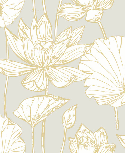 Lotus floral peel & stick wallpaper in grey metallic.