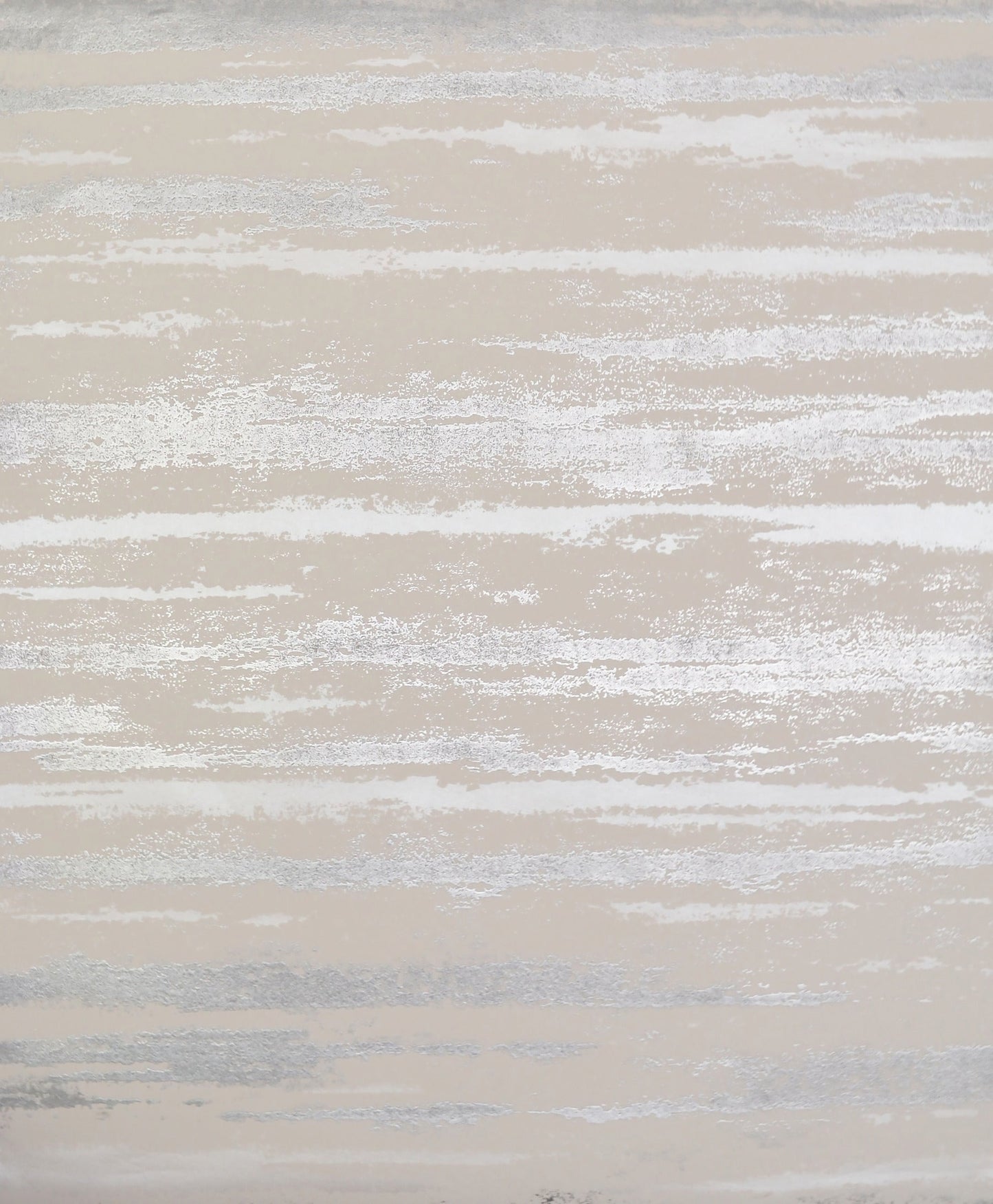 Beige wallpaper with irregular silver horizontal brush-stroke stripes.