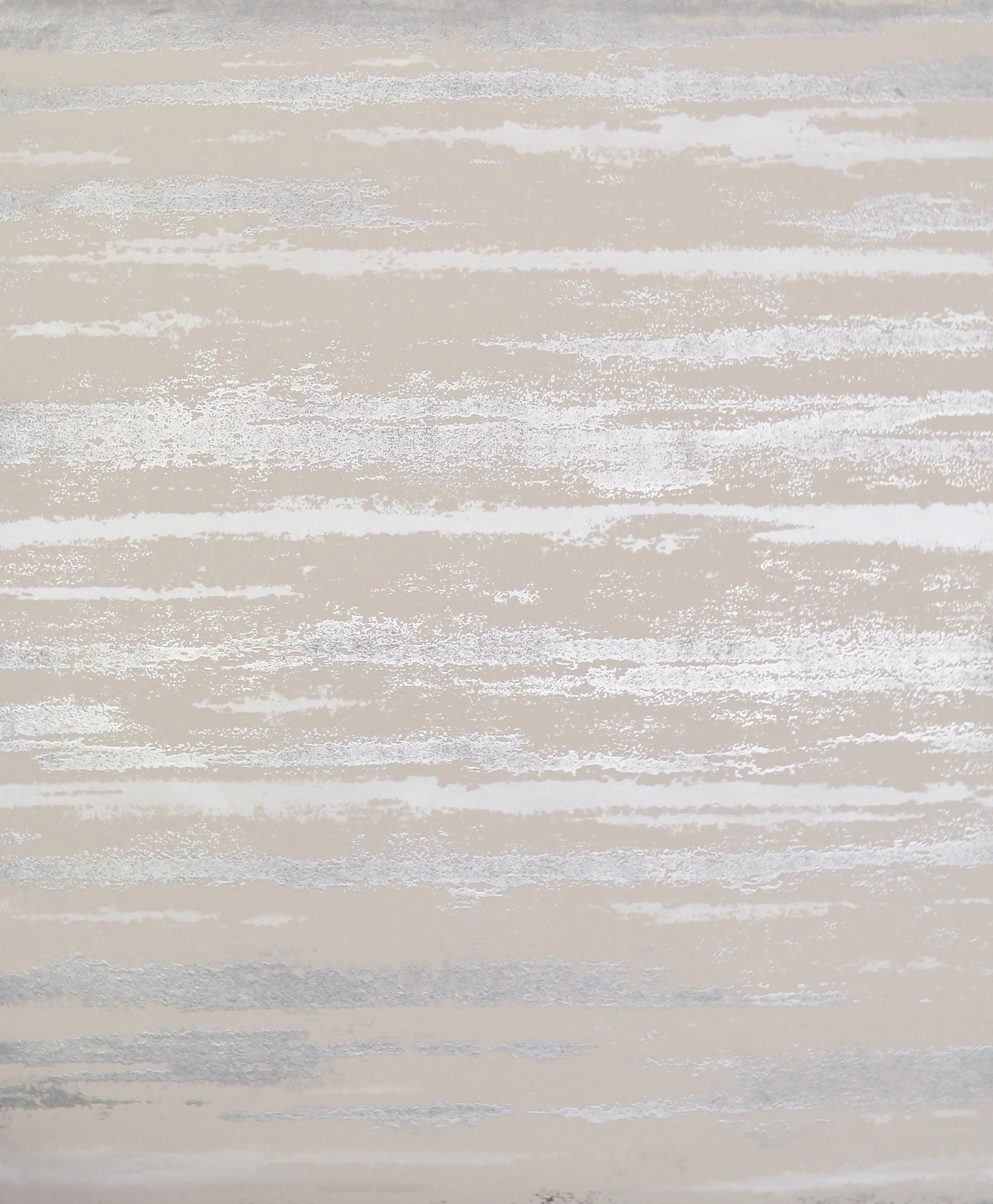 Beige wallpaper with irregular silver horizontal brush-stroke stripes.