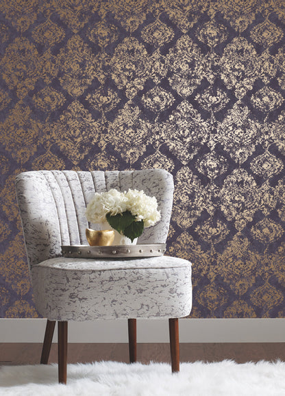 York Wallcoverings Antonina Vella Stargazer Plum and Gold Wallpaper  Damasks Multicolor   - NW3567