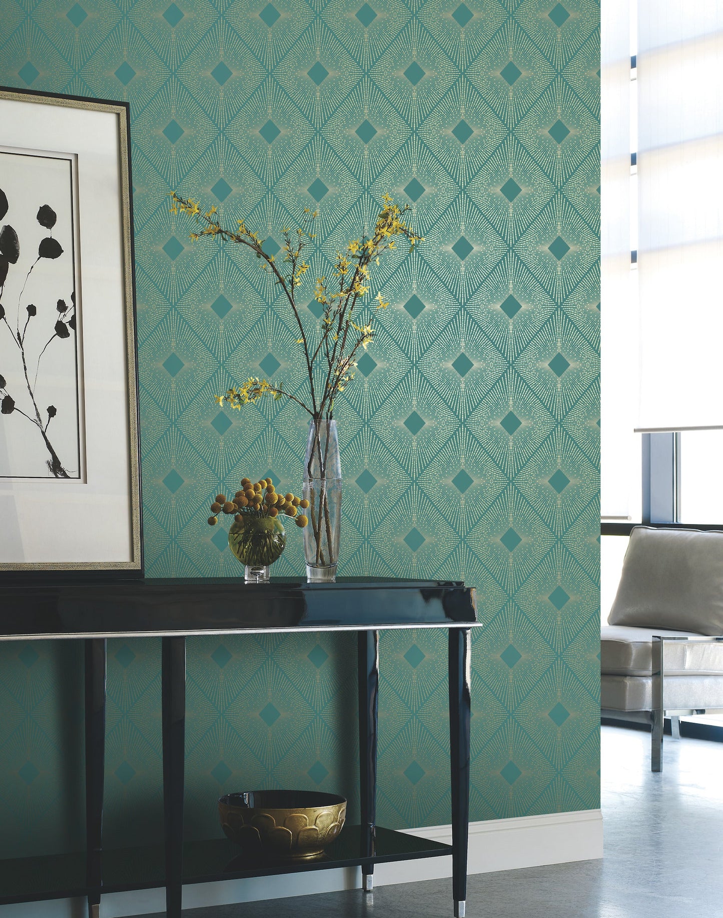 York Wallcoverings Antonina Vella Harlowe Teal and Gold Wallpaper  Geometrics Blues   - NW3589