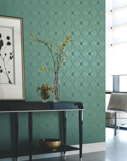 York Wallcoverings Antonina Vella Harlowe Teal and Gold Wallpaper  Geometrics Blues   - NW3589