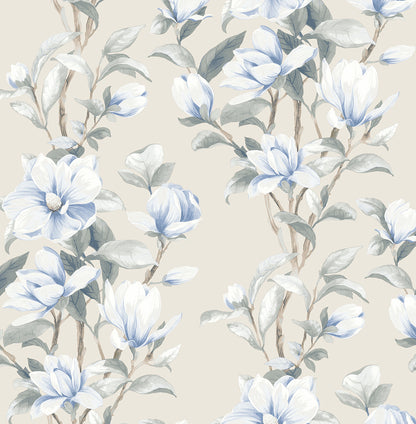 Magnolia Trail Peel and Stick Wallpaper in Linen and French Blue featuring elegant magnolia flowers, flowing botanical branches, and soft blue floral accents. This nature-inspired wallpaper combines classic floral charm with sophisticated blue and neutral tones, making it ideal for accent walls, bedrooms, living rooms, dining rooms, entryways, and cottage-inspired interiors. Removable, washable, and renter-friendly wallpaper design.