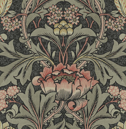 Acanthus Floral peel-and-stick wallpaper in Charcoal & Rosewood featuring an elegant vintage-inspired botanical floral pattern, ideal for sophisticated accent walls, bedrooms, powder rooms, dining rooms and home offices.