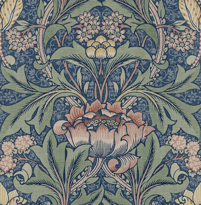 Acanthus floral wallpaper, peel & stick, vintage blue satin, NW41502