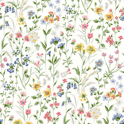 Wildflowers Peel and Stick Wallpaper in Multicolored featuring vibrant floral blooms and botanical patterns in soft colorful tones. Removable botanical wallpaper ideal for accent walls, bedrooms, nurseries, living rooms, apartments, offices, cottagecore interiors, boho décor, farmhouse homes, and DIY home decorating projects. Washable peel and stick wallcovering with colorful wildflower design for modern and vintage-inspired interiors.
