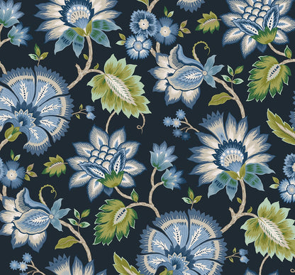 Jacobean blossom floral peel-&-stick wallpaper in blue satin, NW42712