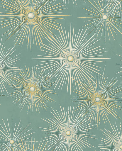 Modern teal and metallic gold geometric peel and stick wallpaper with starburst pattern, removable accent wall covering for living room, bedroom, or office, stylish contemporary home decor solution for rentals and DIY interior design.