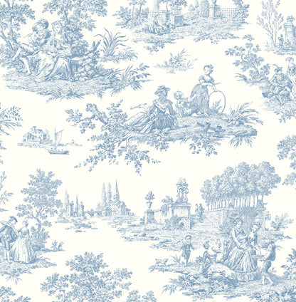Blue Bell Chateau Toile peel and stick wallpaper with detailed scenic toile pattern in soft blue tones, removable renter friendly wallpaper for vintage accent walls, French country style wall decor for bedrooms and living rooms, NextWall NW43302