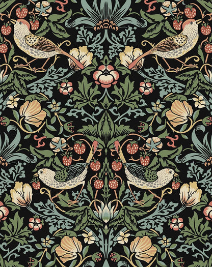 Peel-&-Stick wallpaper showing the Aves Garden botanical pattern in Vintage Black Satin NW43700.