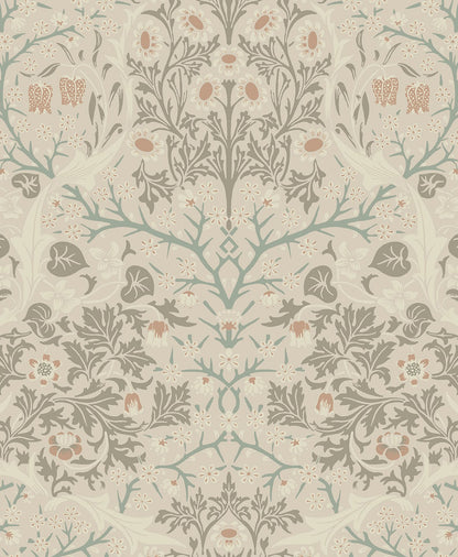 Victorian Garden Peel and Stick Wallpaper featuring vintage floral botanical patterns in warm beige and neutral tones. Elegant removable wallpaper for accent walls, bedrooms, living rooms, dining rooms, and cottagecore or modern farmhouse interiors.