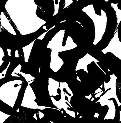 Onyx black and white abstract peel-and-stick wallpaper featuring dramatic oversized ink brushstrokes and an artistic hand-painted pattern. Bold modern wallpaper for statement accent walls, bedrooms, living rooms, home offices, powder rooms and contemporary interior design.