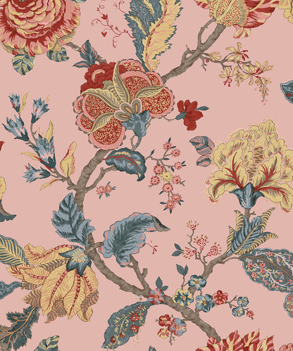 Pink satin Jacobean floral traditional peel-and-stick wallpaper