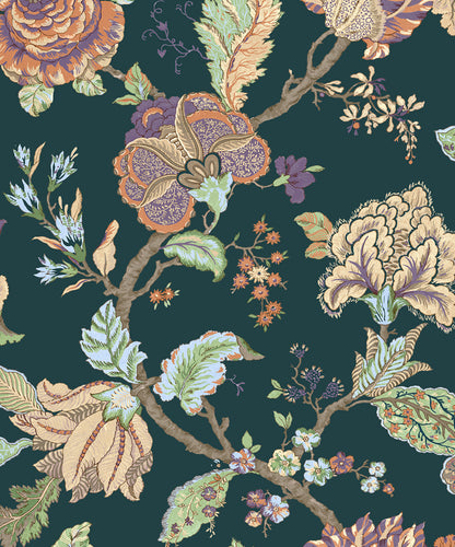 Jacobean floral wallpaper in green satin, peel & stick.