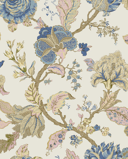 Warm neutral Kianna Jacobean peel and stick wallpaper in parchment featuring elegant tapestry floral pattern with half-drop repeat, removable and washable design ideal for accent walls, bedrooms, living rooms, and renter-friendly home decor styling.
